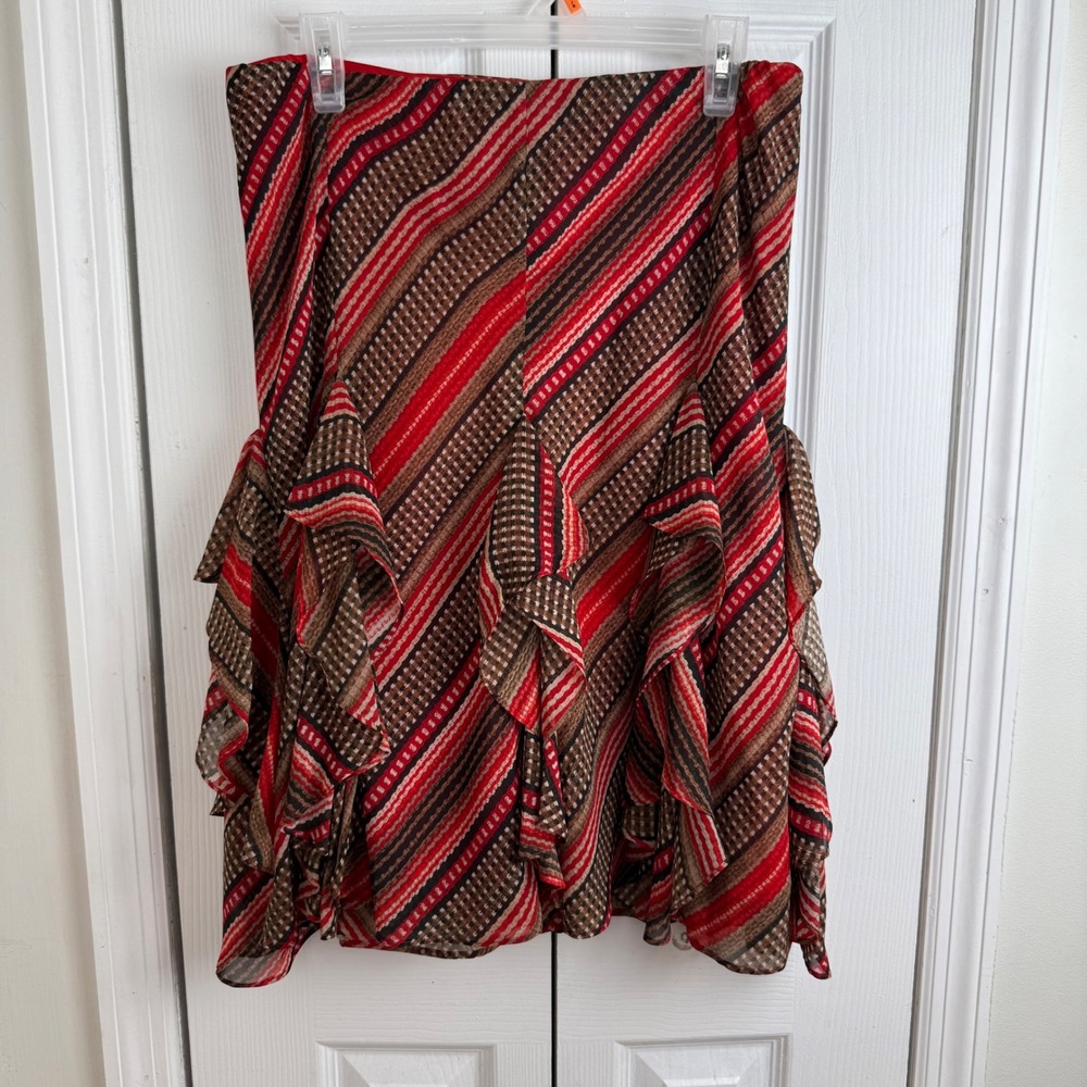 LAUREN Ralph Lauren Women's Red Brown Striped Ruffle Midi Skirt Size M NWT